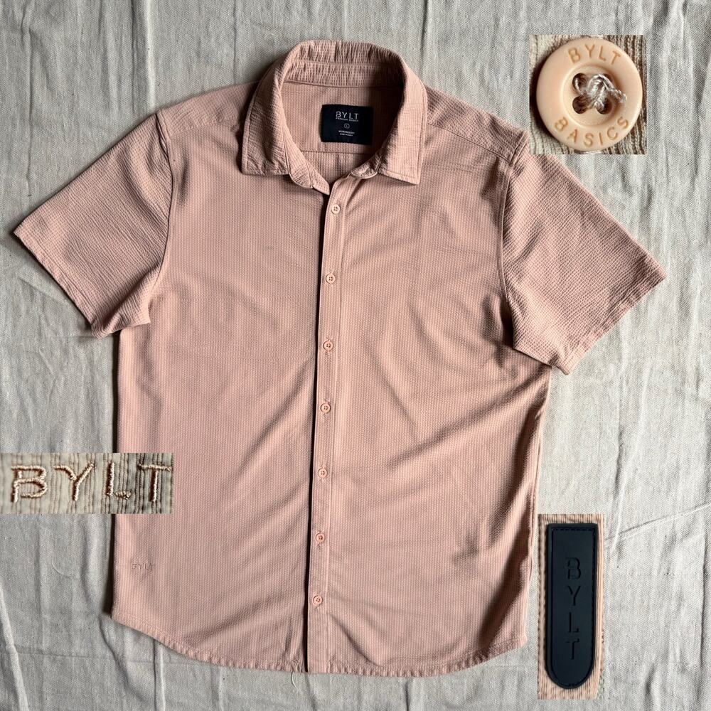Bylt Premium Basics Shirt Men's L Seersucker Short Sleeve Button Down Pink Golf